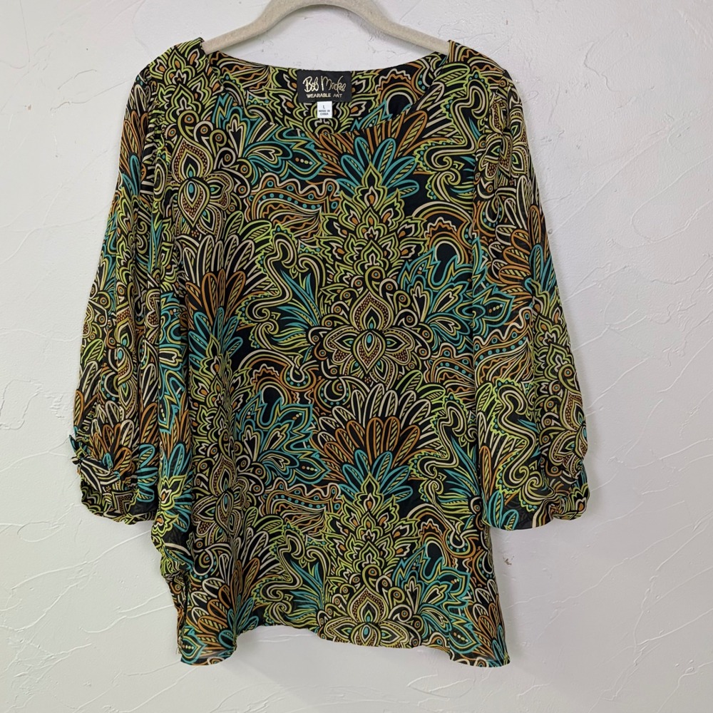 Bob Mackie Wearable Art Blouse Womens Large Paisley Boho Chic Dolman Sleeve